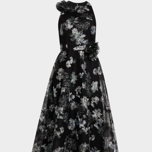 Rickie Freeman Teri John black silver metallic applique tulle midi dress size 4 - Picture 1 of 9